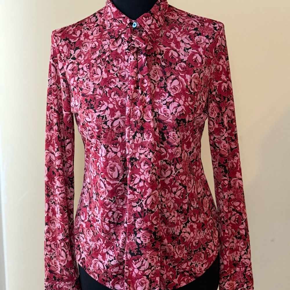 Express Red Fitted Long Sleeve Button Down Shirt